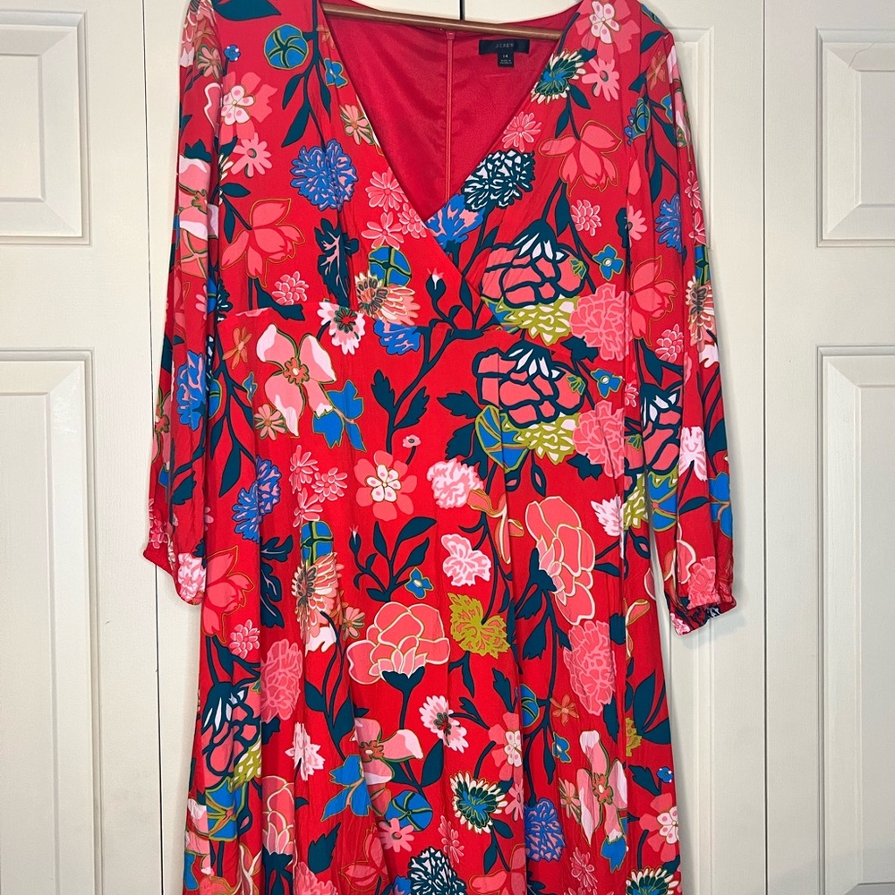 J. Crew- V-Neck Floral Dress- Red and Pink- size 14